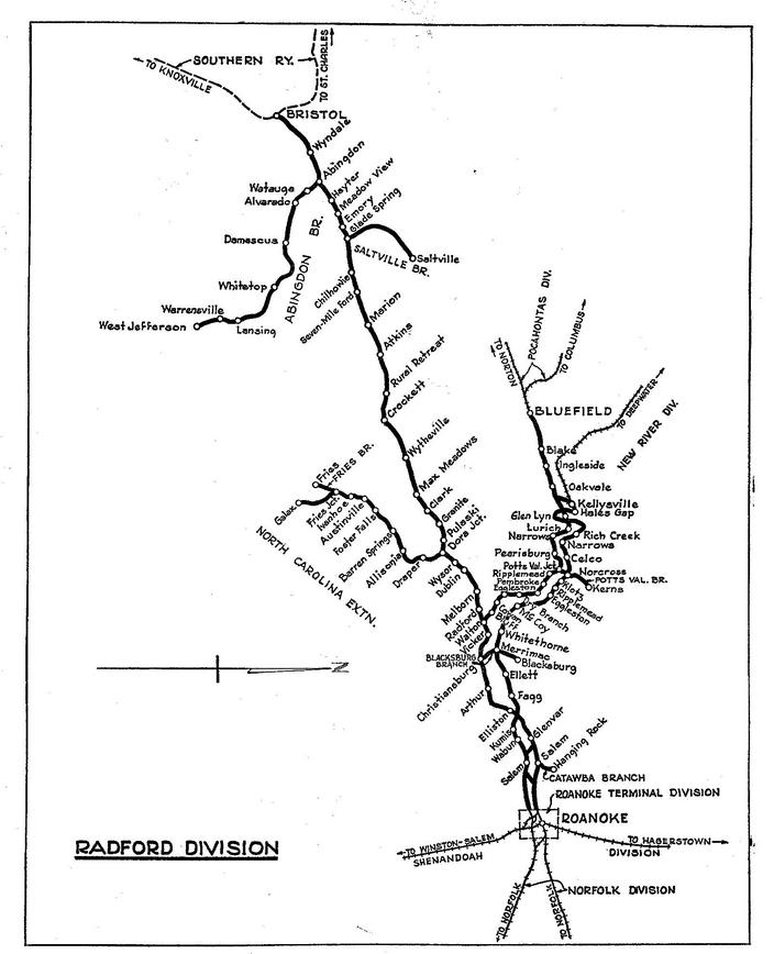 N&W Employee Timetable 1963 - system map.